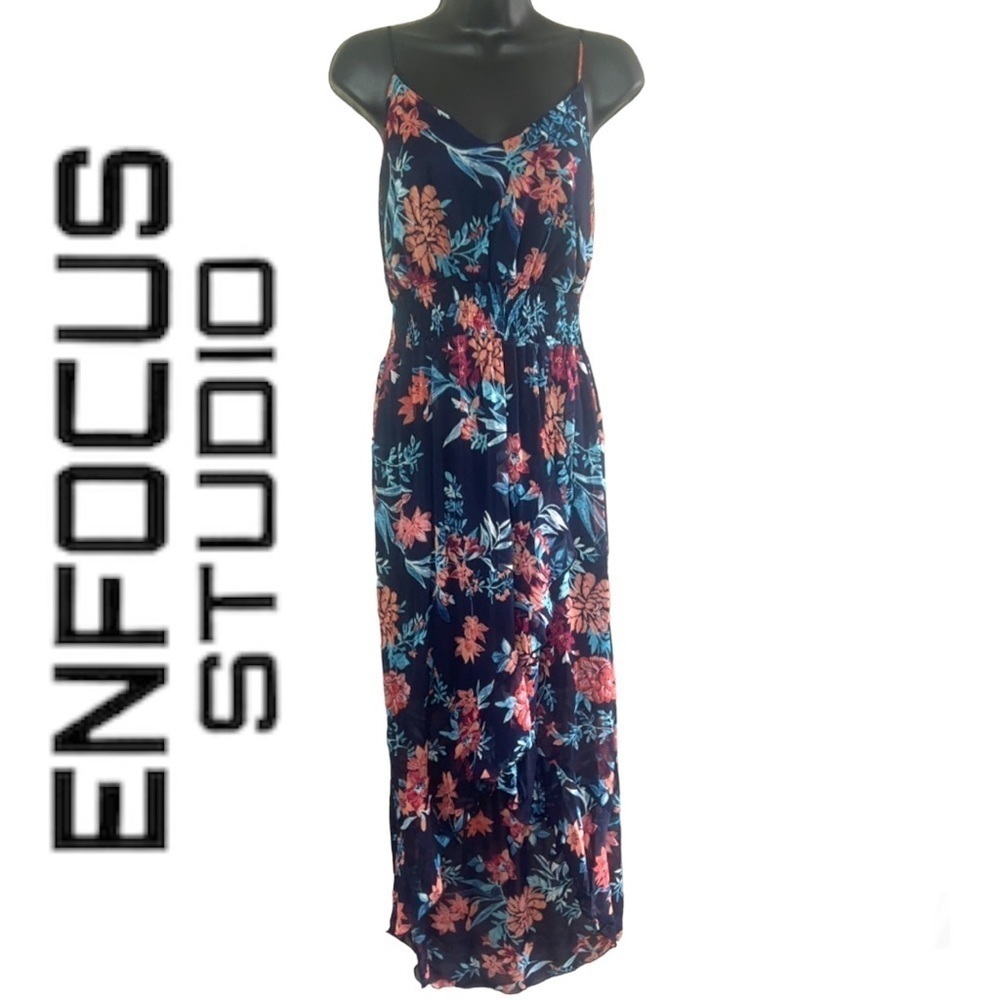 Enfocus Studio Navy Floral Sleeveless  Rouched Waist Maxi Dress Size 12